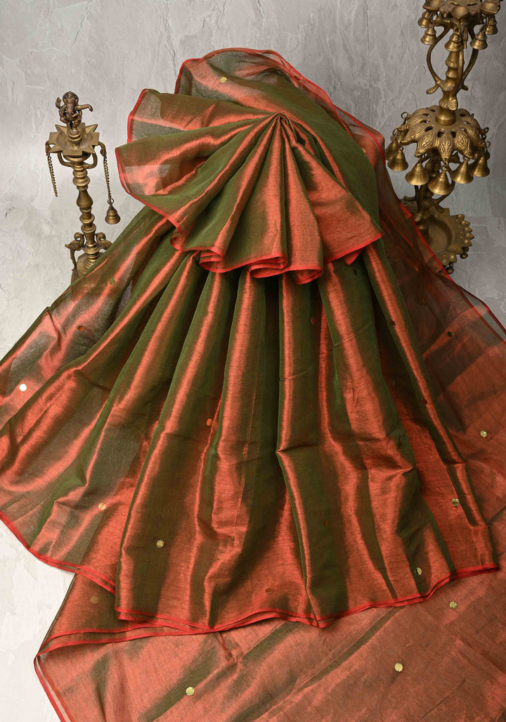 Red and Green Dual Tone Tissue by Tissue Saree with Tikki Work and Long Tassels