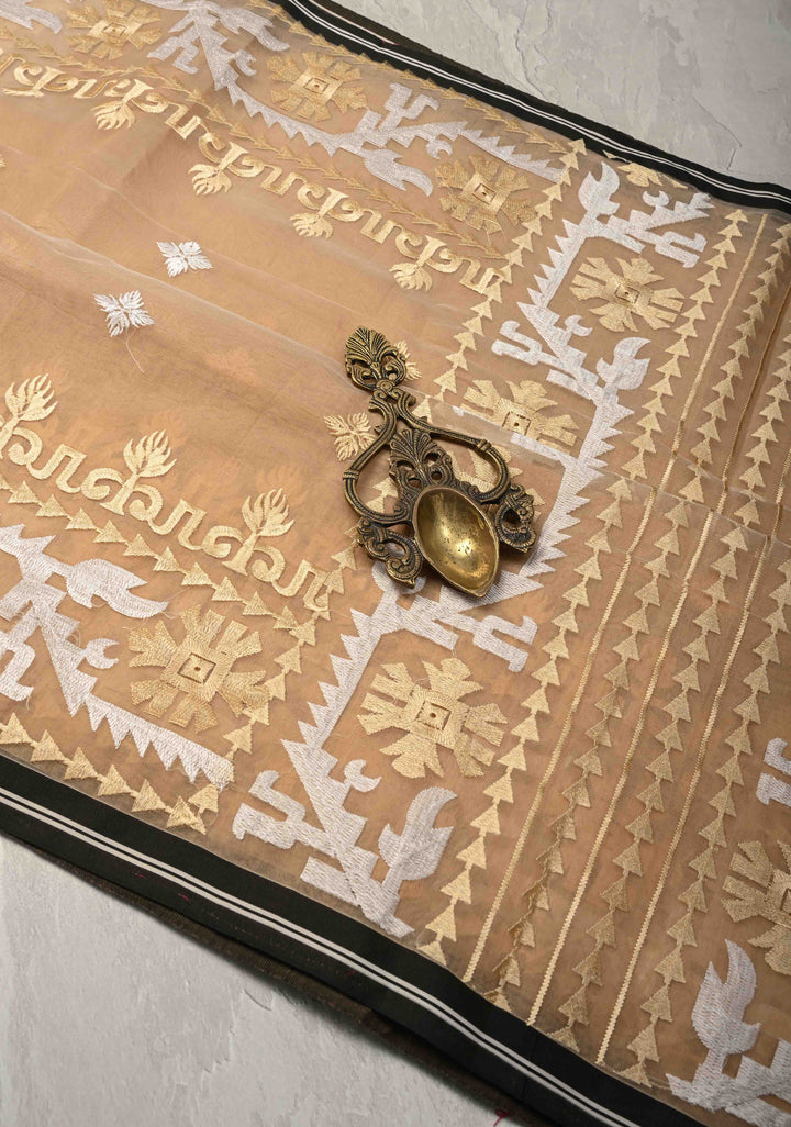 Light Beige Mercedized Bengal cotton machine embroidered Butta and Border and long tassels