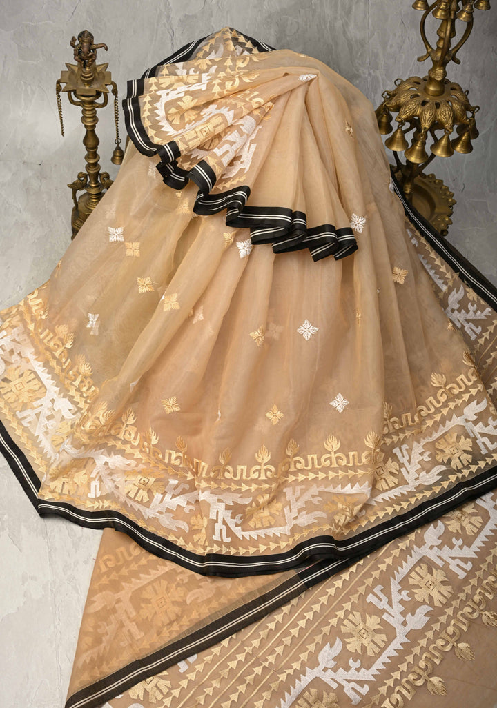 Light Beige Mercedized Bengal cotton machine embroidered Butta and Border and long tassels