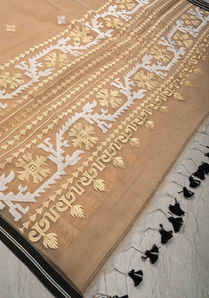 Light Beige Mercedized Bengal cotton machine embroidered Butta and Border and long tassels