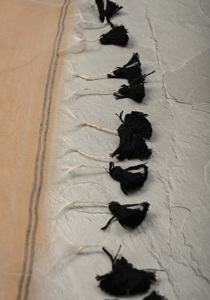 Light Beige Mercedized Bengal cotton machine embroidered Butta and Border and long tassels