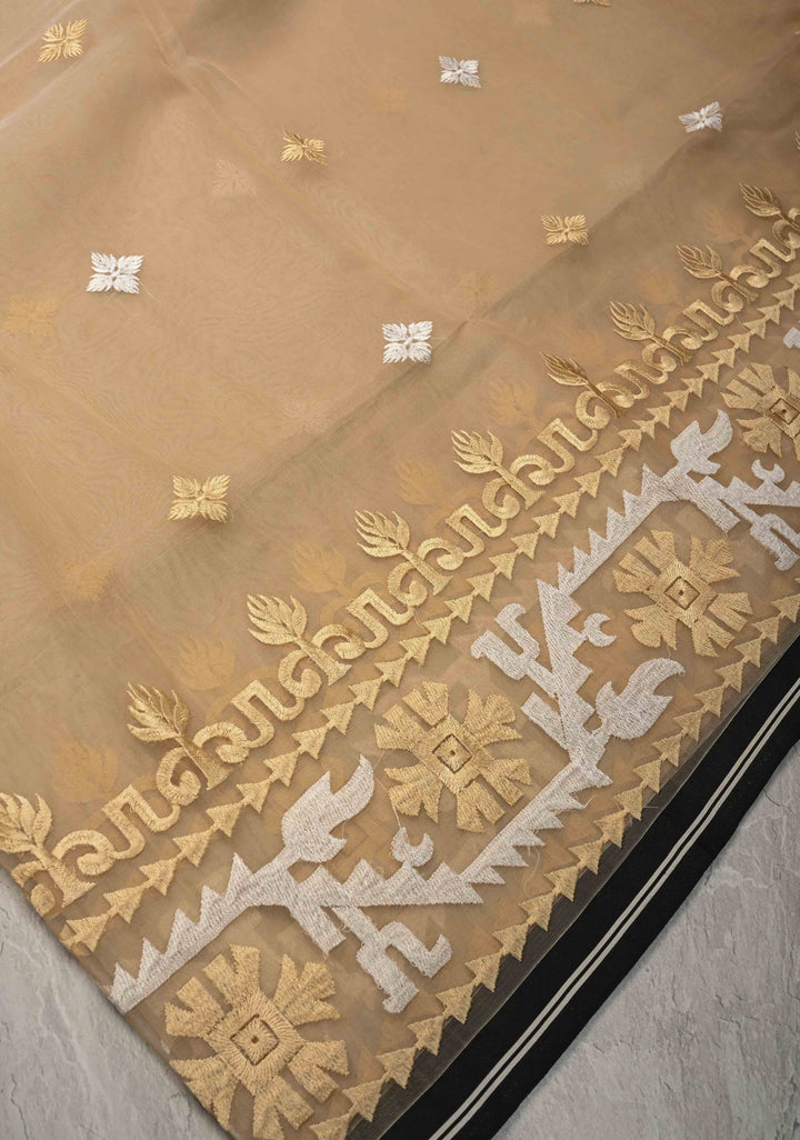 Light Beige Mercedized Bengal cotton machine embroidered Butta and Border and long tassels