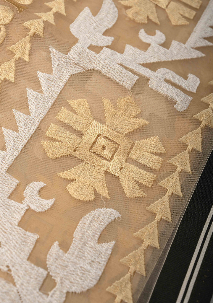 Light Beige Mercedized Bengal cotton machine embroidered Butta and Border and long tassels