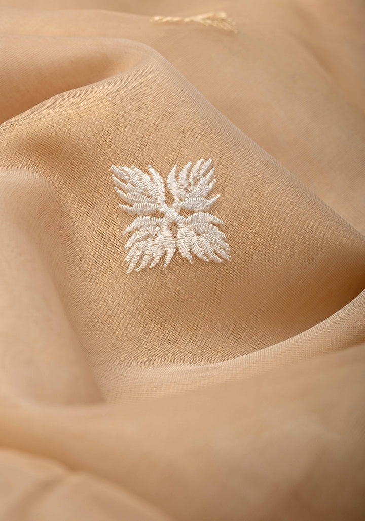 Light Beige Mercedized Bengal cotton machine embroidered Butta and Border and long tassels