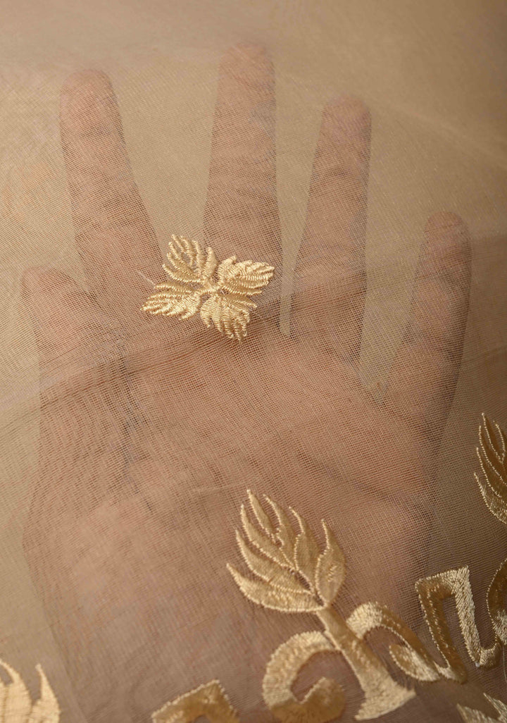 Light Beige Mercedized Bengal cotton machine embroidered Butta and Border and long tassels