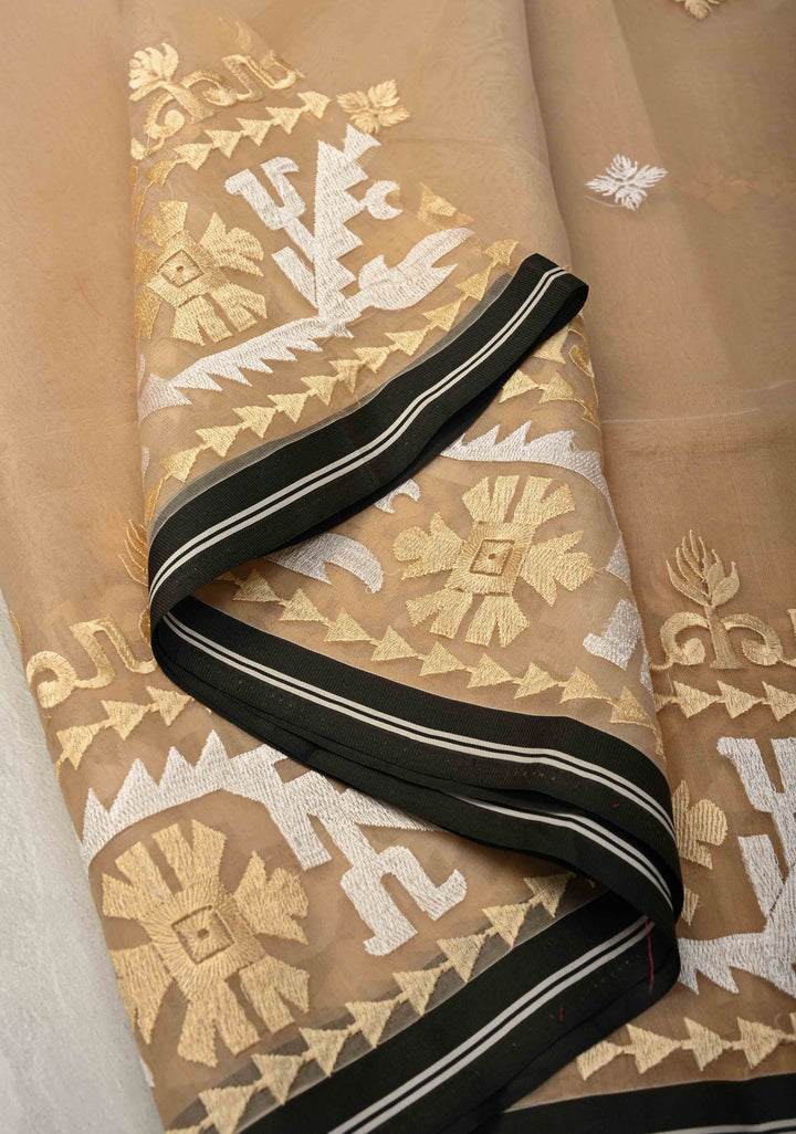 Light Beige Mercedized Bengal cotton machine embroidered Butta and Border and long tassels