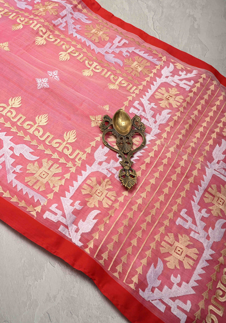 Light Pink Bengal Cotton Muslin Saree with Jamdhani Style Butta,Border and long tassels