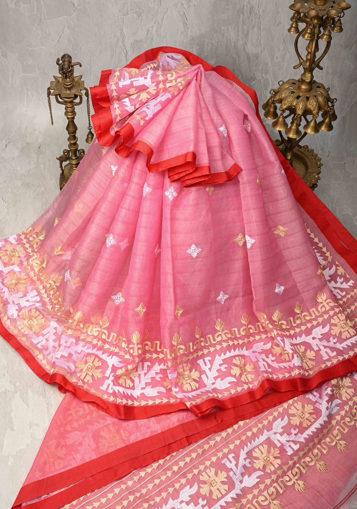 Light Pink Bengal Cotton Muslin Saree with Jamdhani Style Butta,Border and long tassels