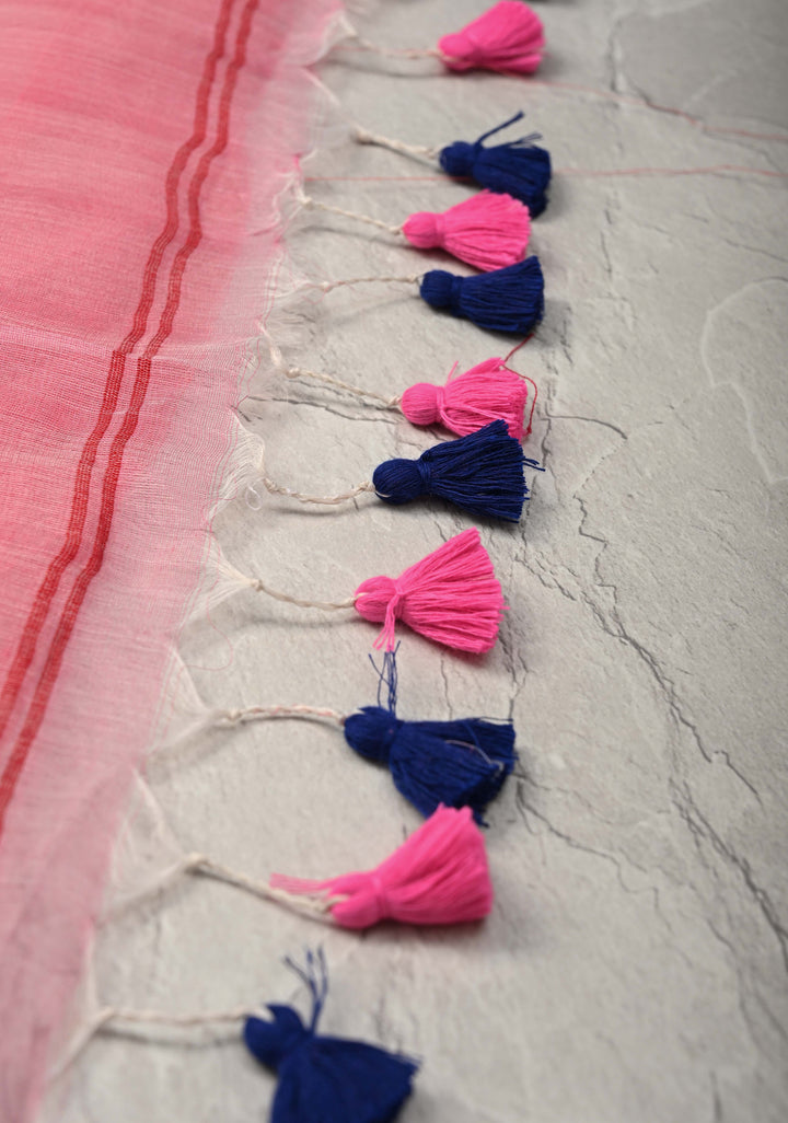 Light Pink Bengal Cotton Muslin Saree with Jamdhani Style Butta,Border and long tassels