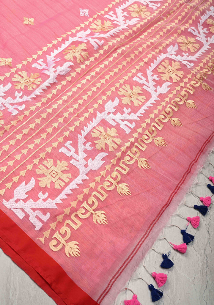 Light Pink Bengal Cotton Muslin Saree with Jamdhani Style Butta,Border and long tassels