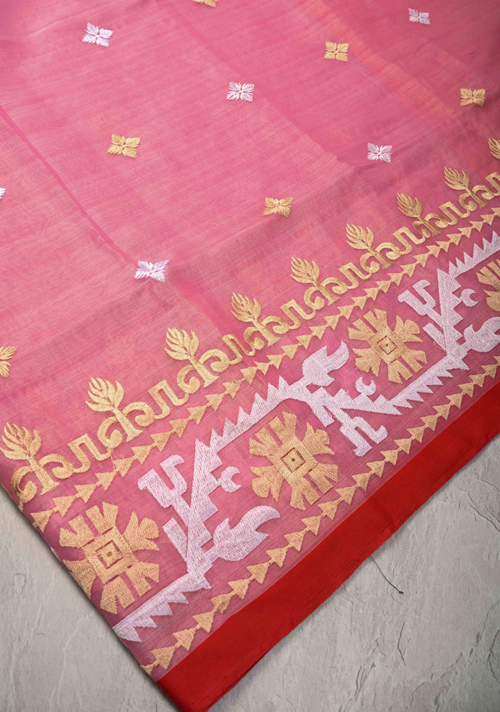 Light Pink Bengal Cotton Muslin Saree with Jamdhani Style Butta,Border and long tassels