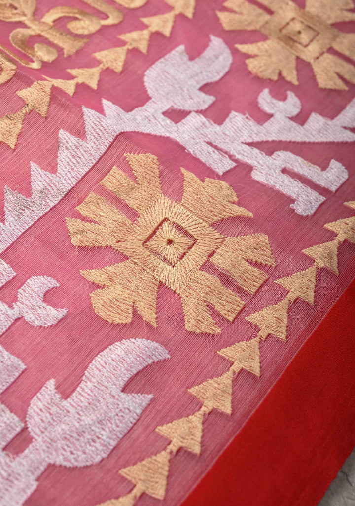 Light Pink Bengal Cotton Muslin Saree with Jamdhani Style Butta,Border and long tassels