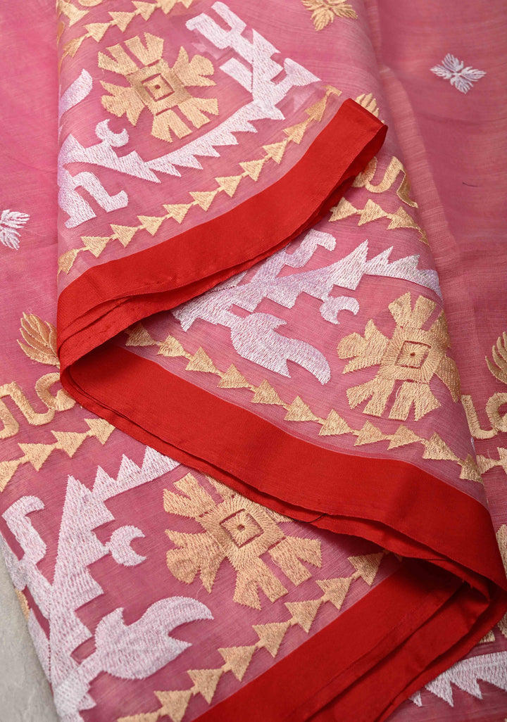 Light Pink Bengal Cotton Muslin Saree with Jamdhani Style Butta,Border and long tassels