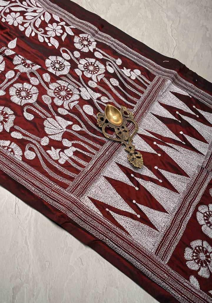 Maroon Art Silk Saree with Kantha Hand Embroidery Design