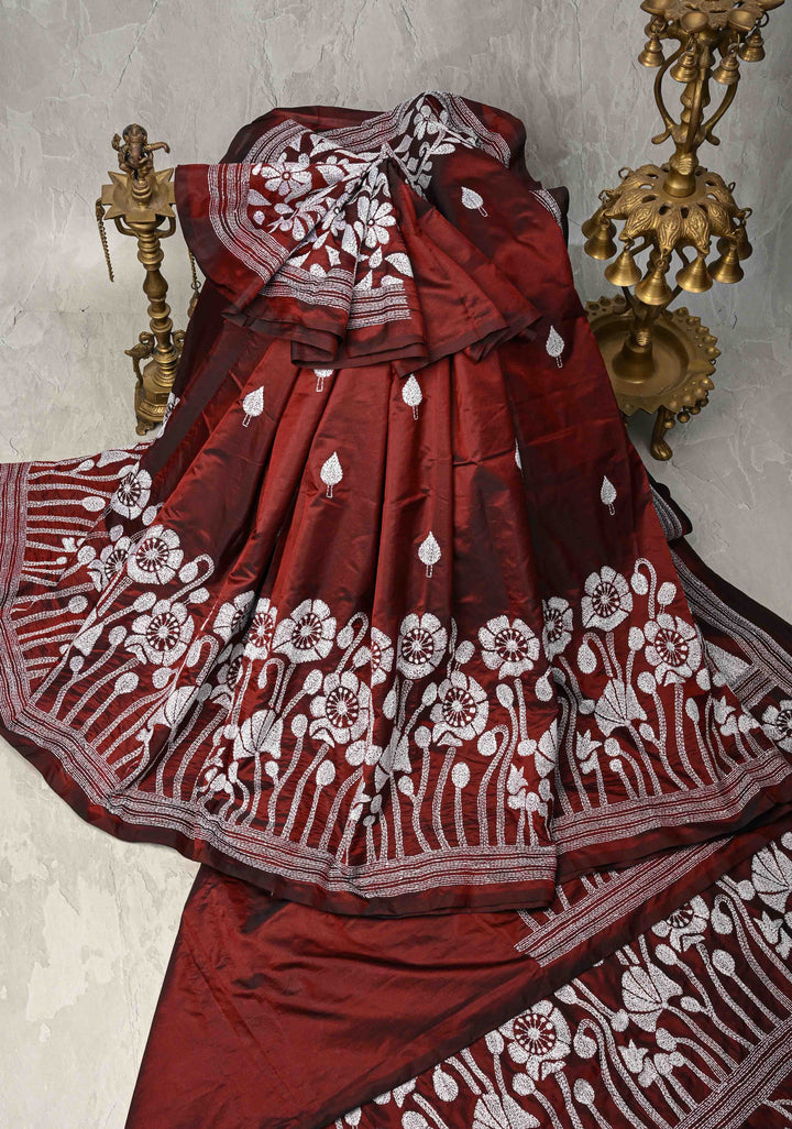 Maroon Art Silk Saree with Kantha Hand Embroidery Design
