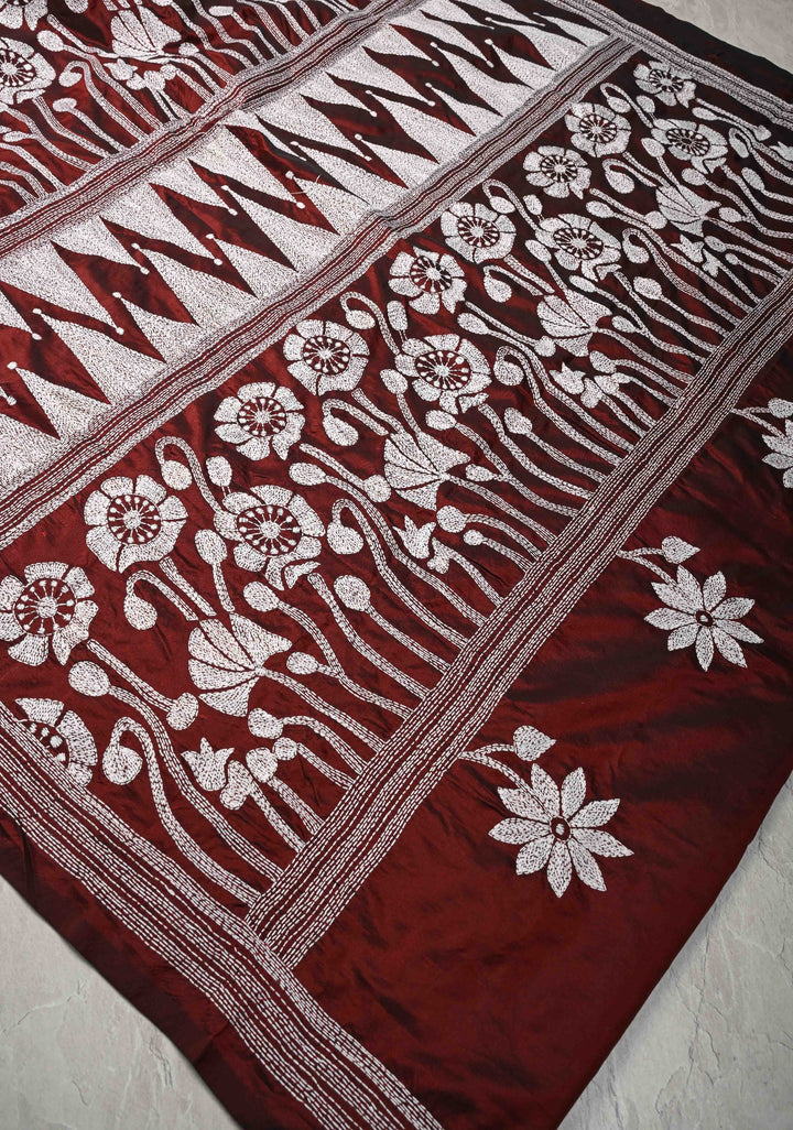 Maroon Art Silk Saree with Kantha Hand Embroidery Design