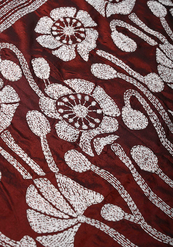 Maroon Art Silk Saree with Kantha Hand Embroidery Design