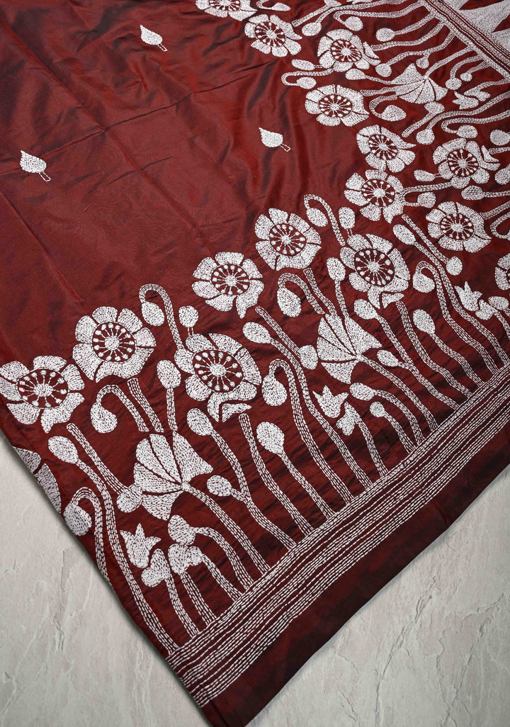 Maroon Art Silk Saree with Kantha Hand Embroidery Design