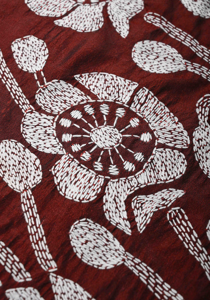 Maroon Art Silk Saree with Kantha Hand Embroidery Design