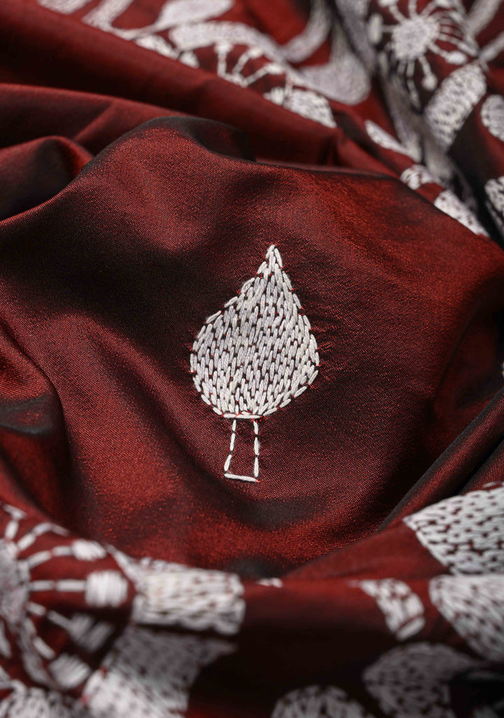 Maroon Art Silk Saree with Kantha Hand Embroidery Design