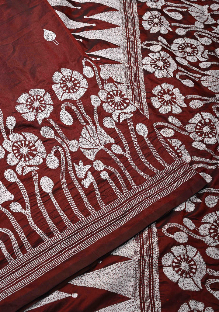 Maroon Art Silk Saree with Kantha Hand Embroidery Design