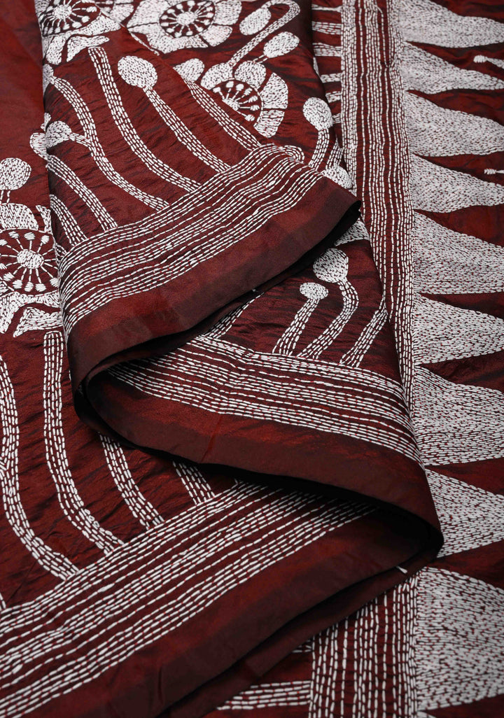 Maroon Art Silk Saree with Kantha Hand Embroidery Design