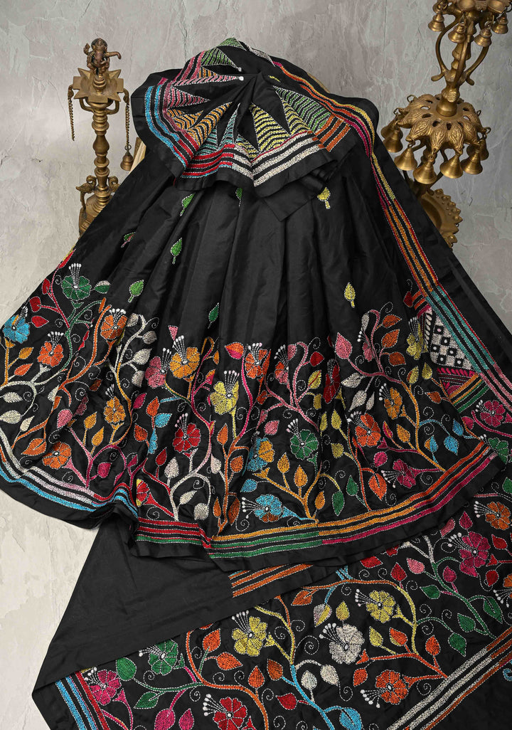 Black Art Silk Saree with Kantha Hand Embroidery Design