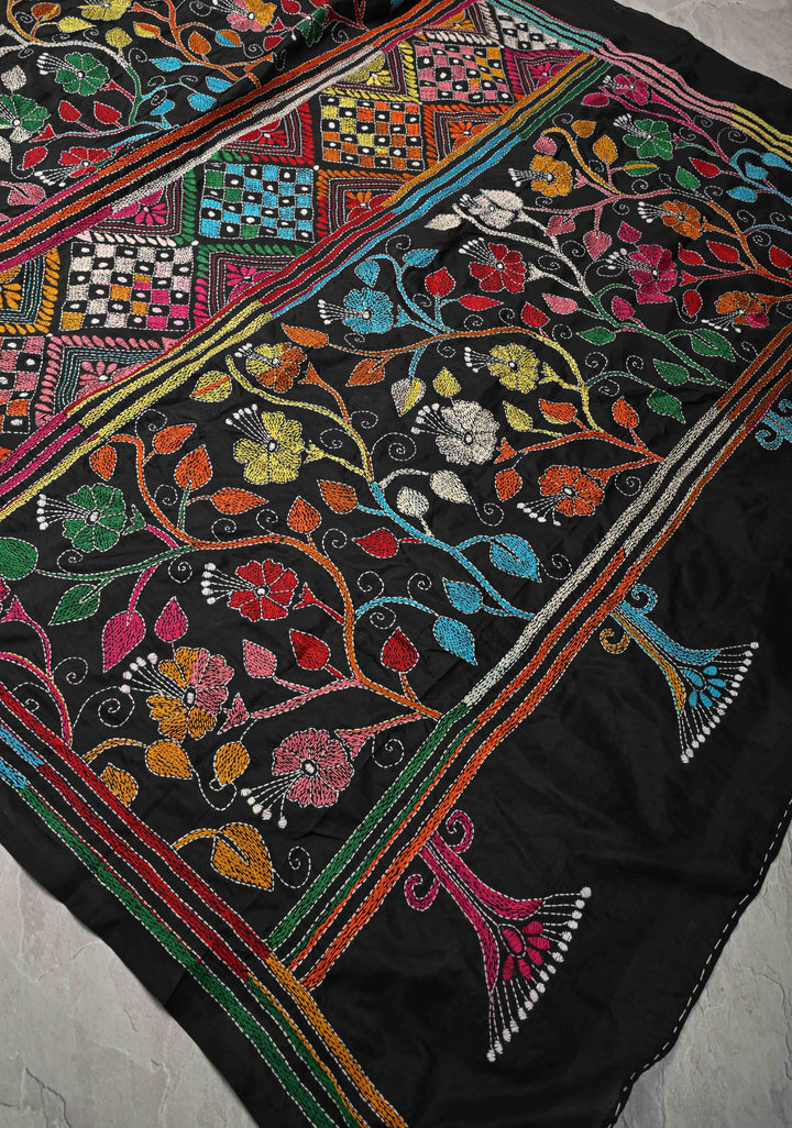 Black Art Silk Saree with Kantha Hand Embroidery Design