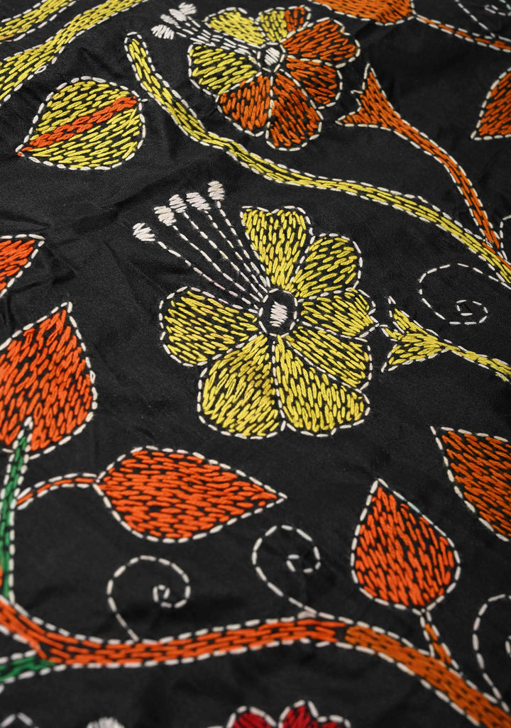 Black Art Silk Saree with Kantha Hand Embroidery Design