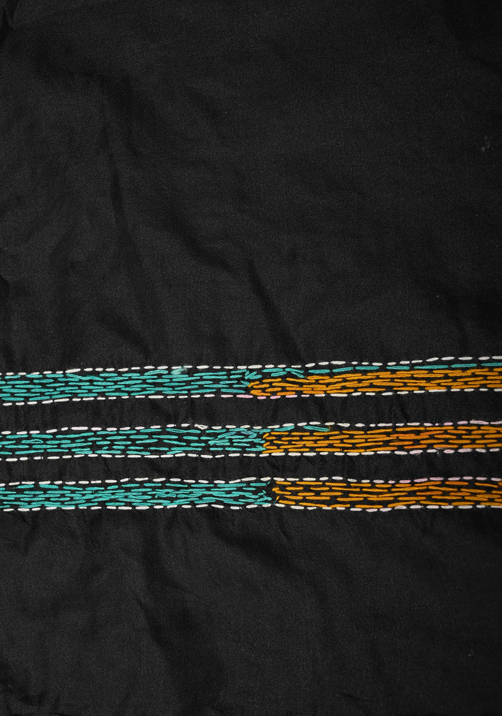 Black Art Silk Saree with Kantha Hand Embroidery Design