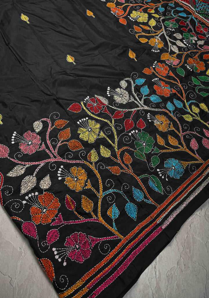 Black Art Silk Saree with Kantha Hand Embroidery Design