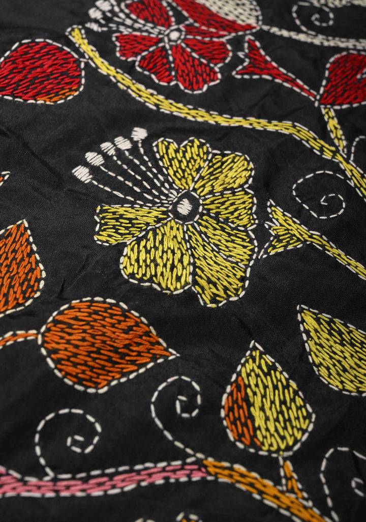 Black Art Silk Saree with Kantha Hand Embroidery Design