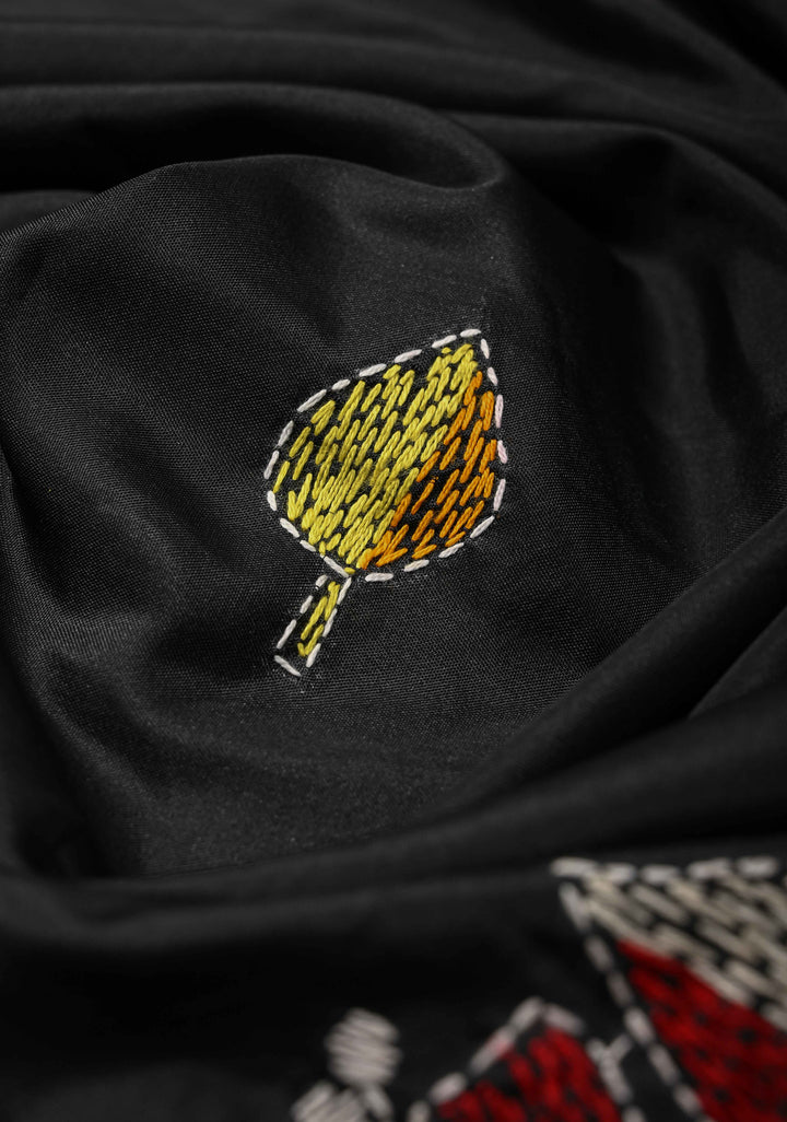 Black Art Silk Saree with Kantha Hand Embroidery Design