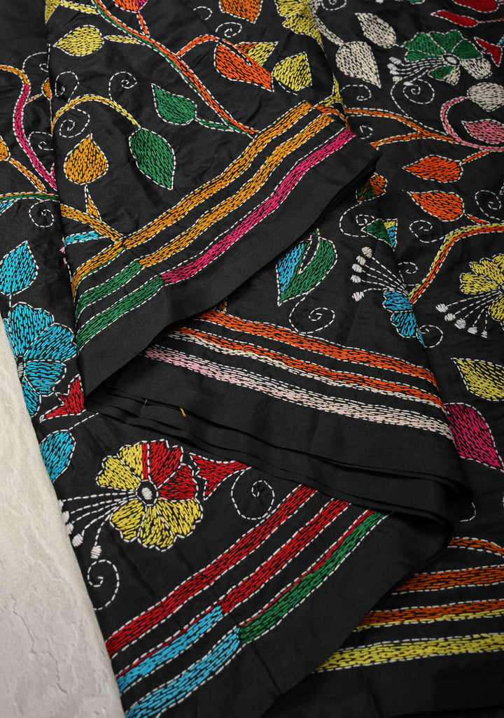 Black Art Silk Saree with Kantha Hand Embroidery Design