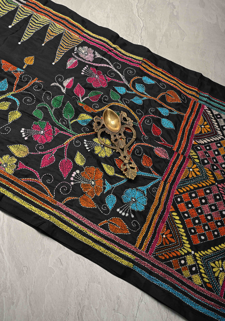 Black Art Silk Saree with Kantha Hand Embroidery Design