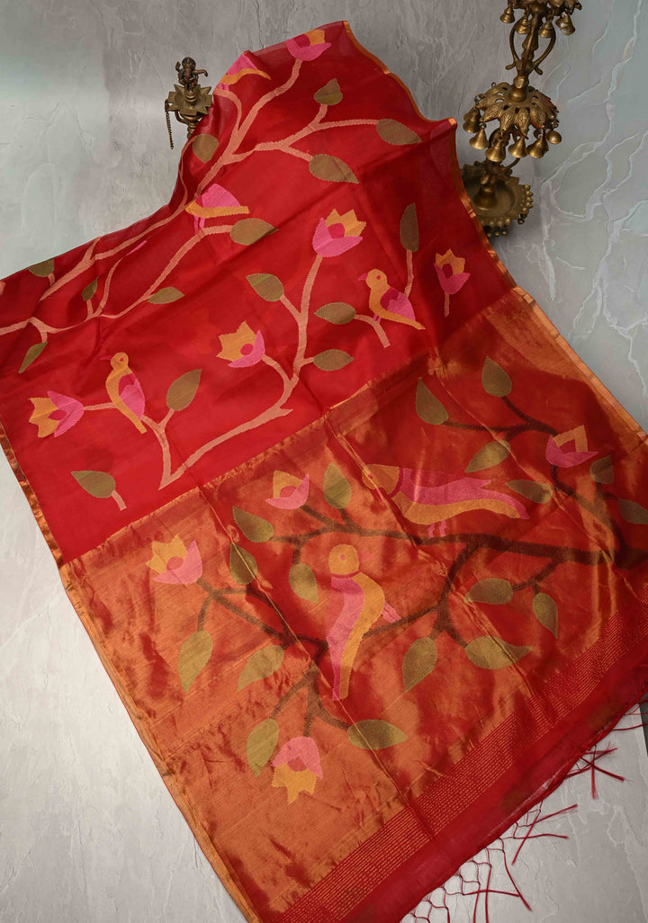 Brick Red Mercerized Cotton Tissue Saree with Hand Jamdani Work and Minimal Tissue Border