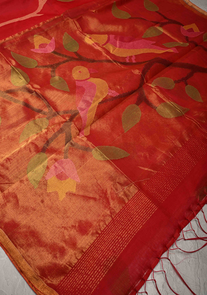 Brick Red Mercerized Cotton Tissue Saree with Hand Jamdani Work and Minimal Tissue Border