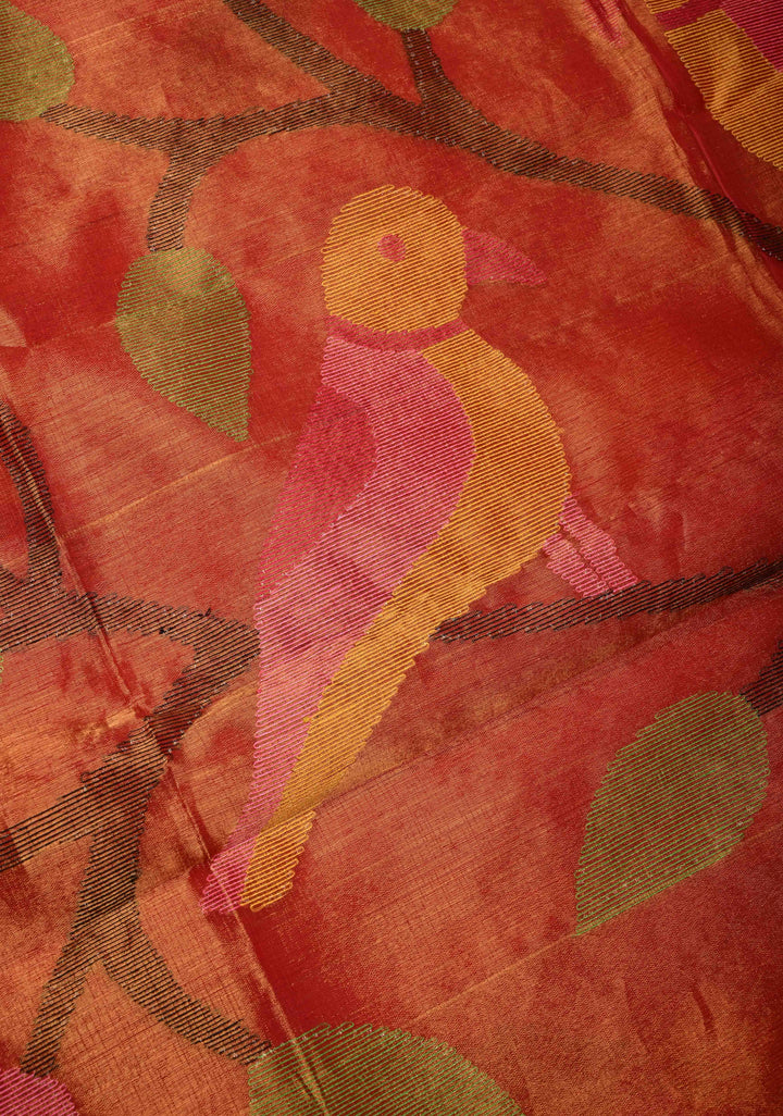 Brick Red Mercerized Cotton Tissue Saree with Hand Jamdani Work and Minimal Tissue Border