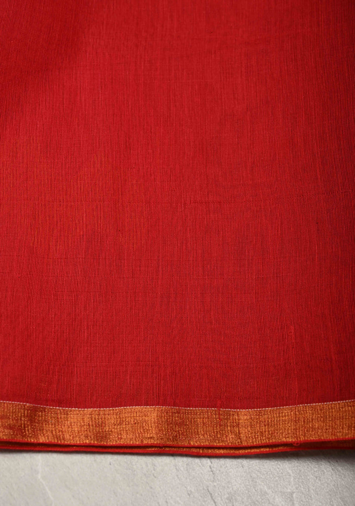 Brick Red Mercerized Cotton Tissue Saree with Hand Jamdani Work and Minimal Tissue Border