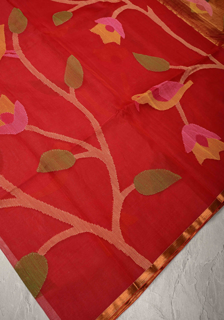 Brick Red Mercerized Cotton Tissue Saree with Hand Jamdani Work and Minimal Tissue Border