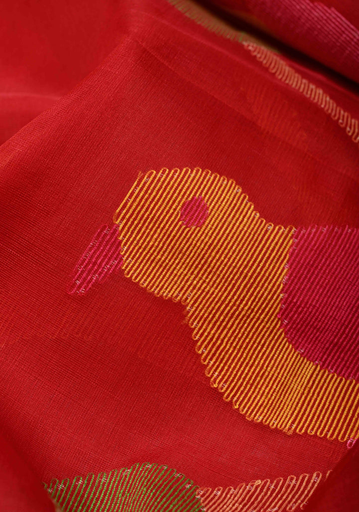 Brick Red Mercerized Cotton Tissue Saree with Hand Jamdani Work and Minimal Tissue Border