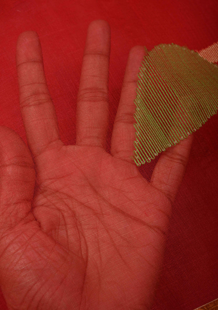 Brick Red Mercerized Cotton Tissue Saree with Hand Jamdani Work and Minimal Tissue Border
