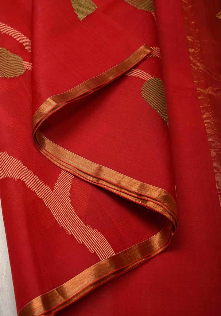Brick Red Mercerized Cotton Tissue Saree with Hand Jamdani Work and Minimal Tissue Border