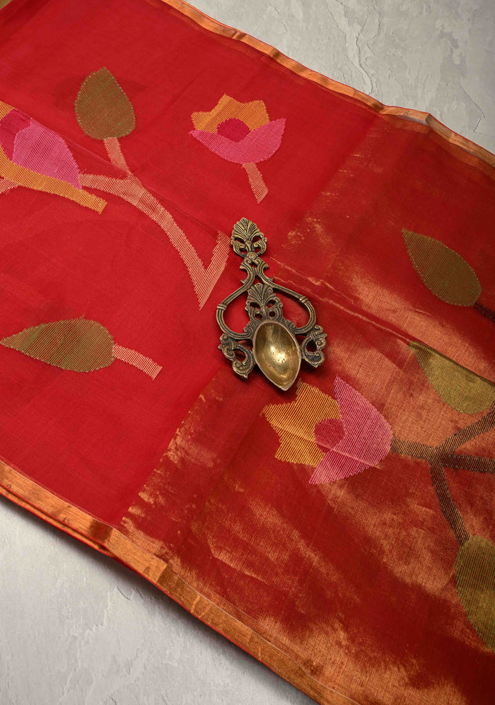 Brick Red Mercerized Cotton Tissue Saree with Hand Jamdani Work and Minimal Tissue Border
