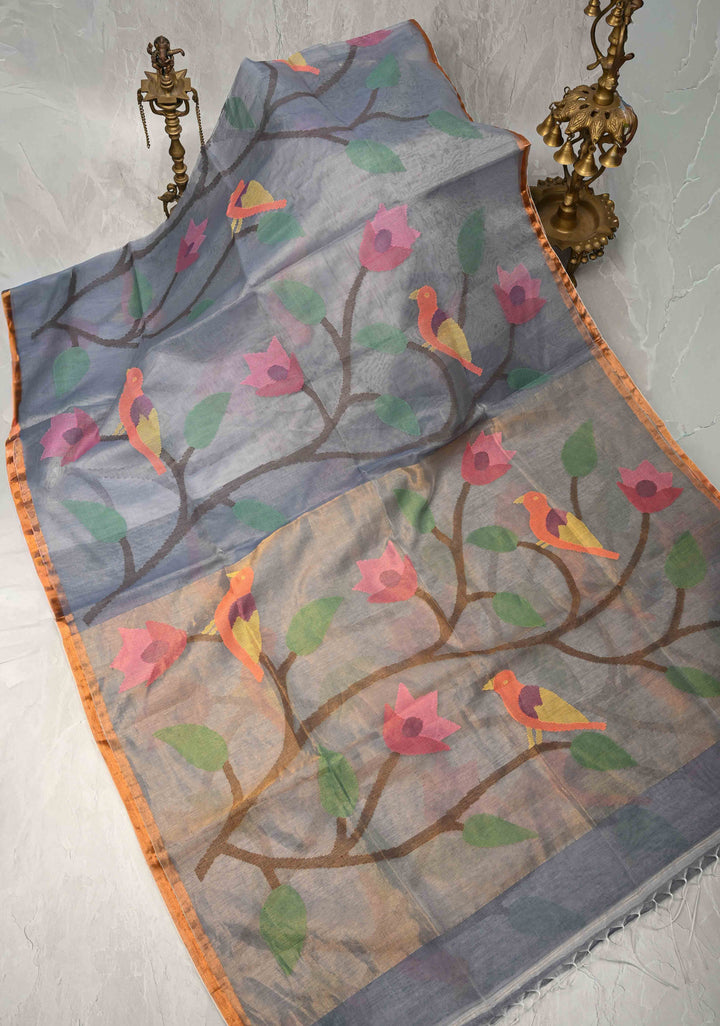 Heather Blue Mercedized Cotton Tissue Saree with hand Jamdhani Work and long tassels