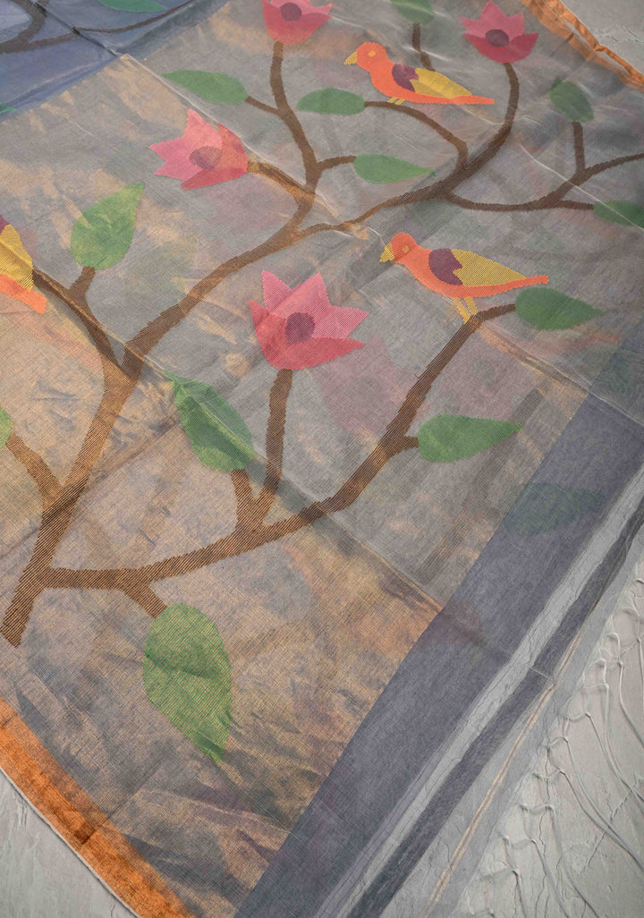 Heather Blue Mercedized Cotton Tissue Saree with hand Jamdhani Work and long tassels