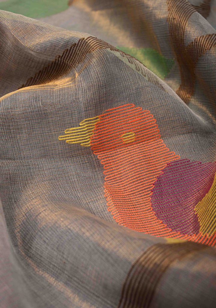 Heather Blue Mercedized Cotton Tissue Saree with hand Jamdhani Work and long tassels