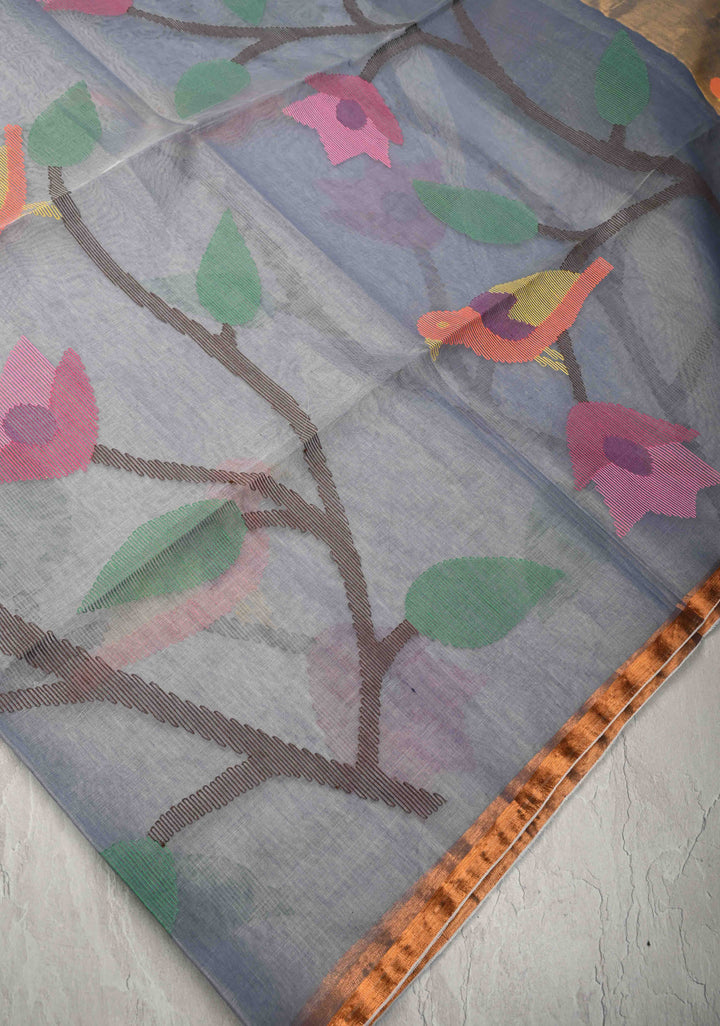 Heather Blue Mercedized Cotton Tissue Saree with hand Jamdhani Work and long tassels