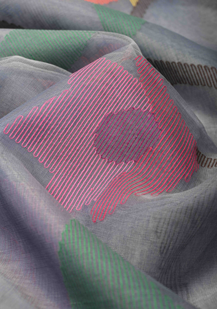 Heather Blue Mercedized Cotton Tissue Saree with hand Jamdhani Work and long tassels