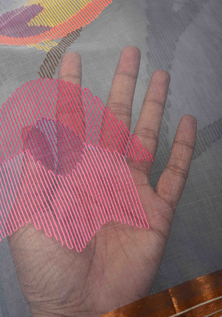 Heather Blue Mercedized Cotton Tissue Saree with hand Jamdhani Work and long tassels